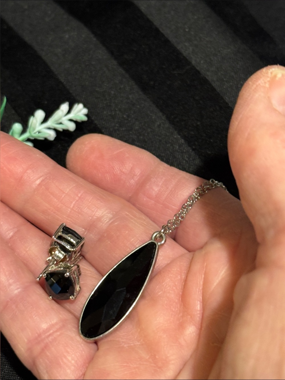 Delicate Black Teardrop Pendant Necklace and Black Square  Oversized Earrings